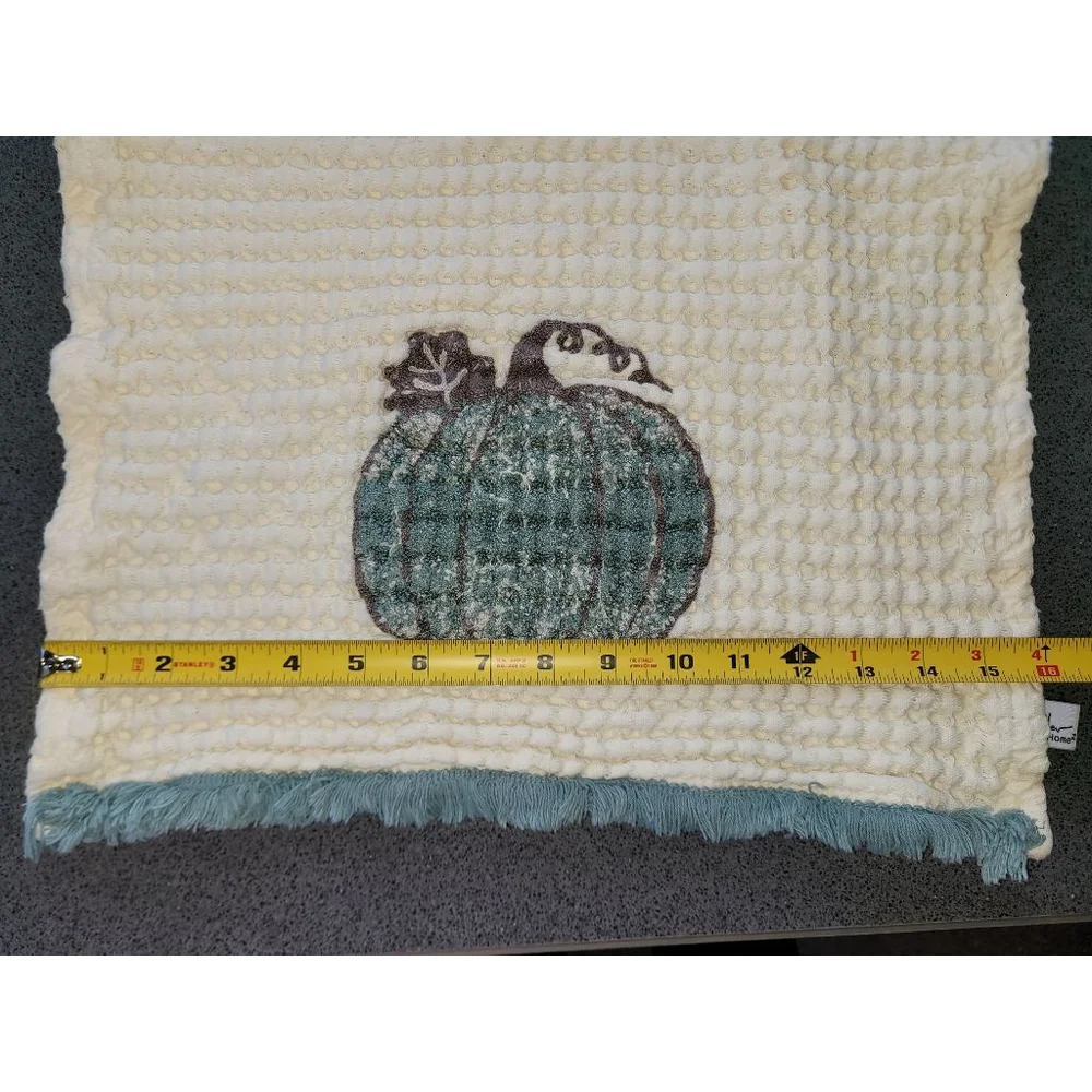 Nicole Miller Home Pumpkin Kitchen Towel Cream Teal Fringe 24x12